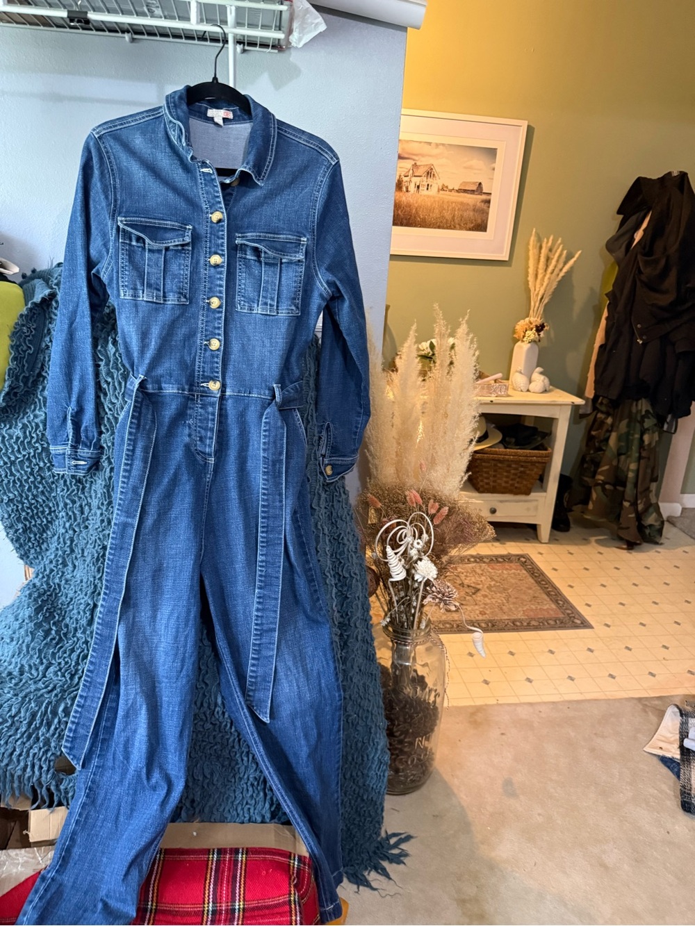Gianni Bini Blue Denim Utility Jumpsuit with Tie Belt